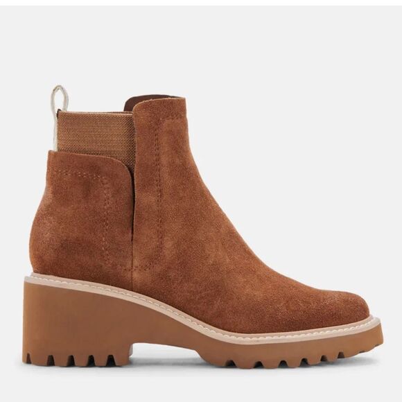 New Santorini Heeled Ankle Boot Brown Camel Suede - Picture 1 of 9